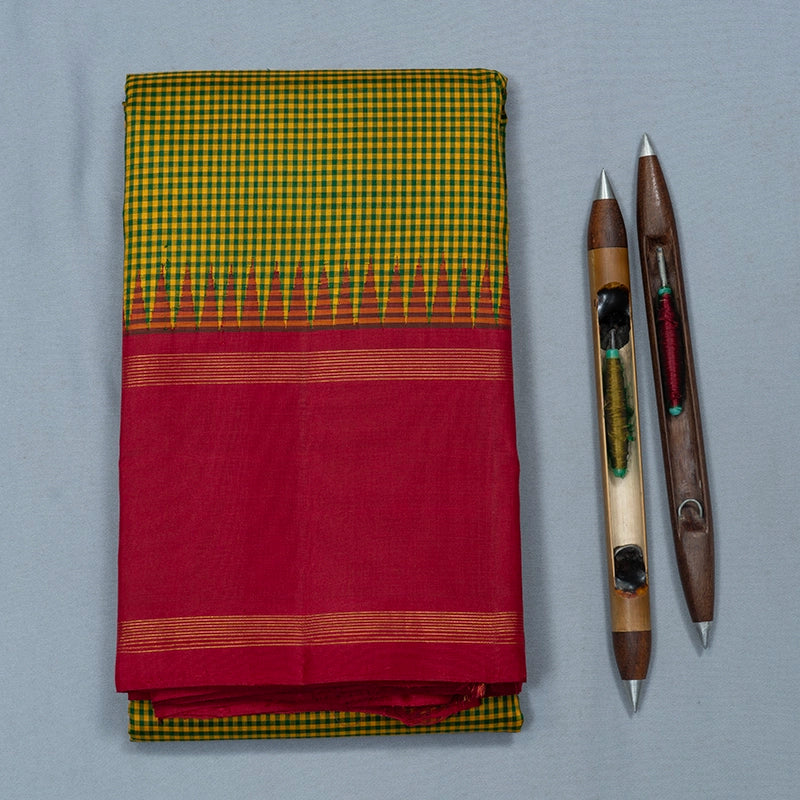 Hayagrivas Handloom Green &amp; Yellow Kanjivaram Silk Saree with Maroon Border KBF481F2-1