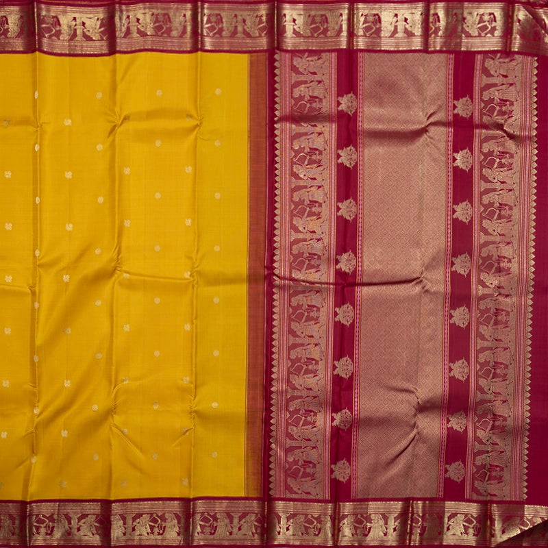 Hayagrivas Handloom Yellow Kanjivaram Silk Saree with Magenta Border KBF481F3-1