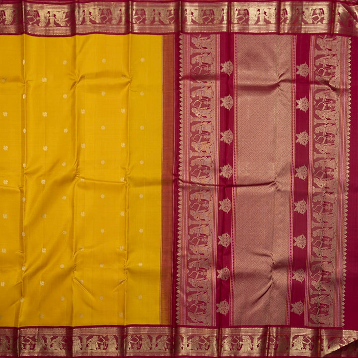 Hayagrivas Handloom Yellow Kanjivaram Silk Saree with Magenta Border KBF481F3-1