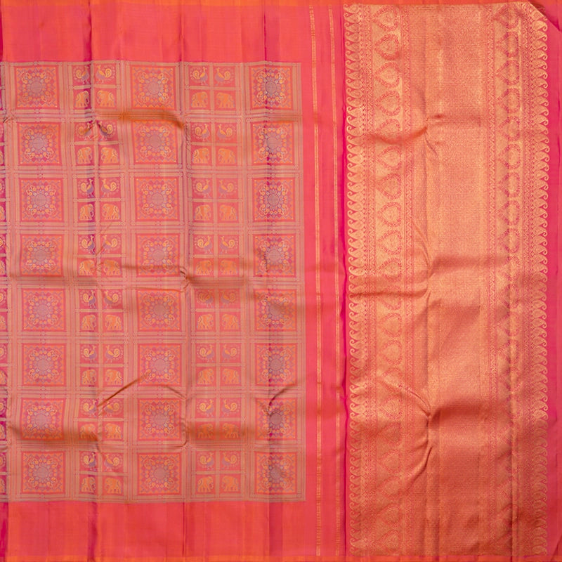 Hayagrivas Handloom Orangish-Pink Kanjivaram Silk Saree KBF670G3-1