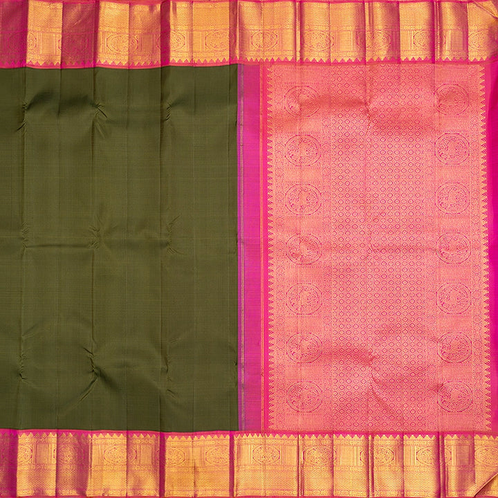 Hayagrivas Handloom Mehandi Green Kanjivaram Silk Saree with Orangish-Pink Border SSCBF189J2-1