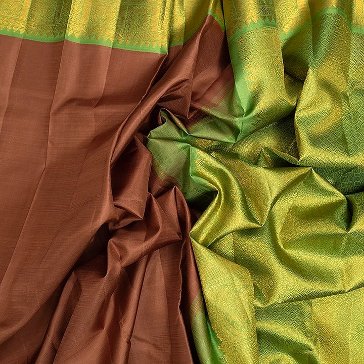 Hayagrivas Handloom Chocolate Brown Kanjivaram Silk Saree with Light Green Border KBF362F2-2
