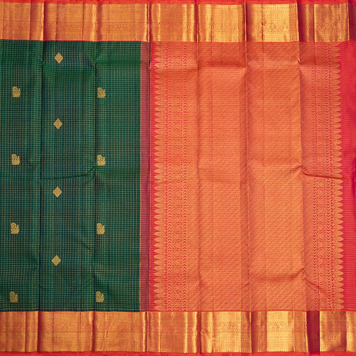 Hayagrivas Handloom Bottle Green Kanjivaram Silk Saree with Orangish-Pink Border KBF433F16-1