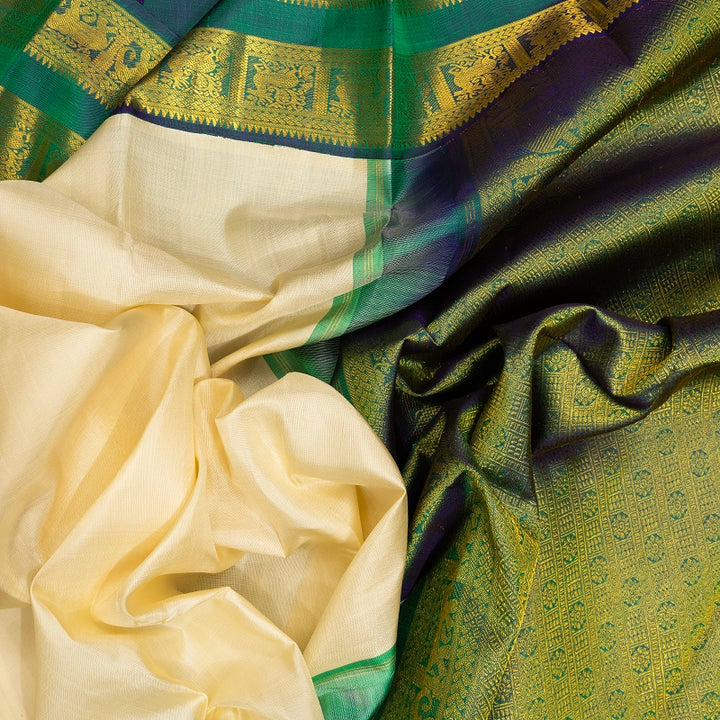 Hayagrivas Handloom Half-White Kanjivaram Silk Saree with Peacock Green Border KBF473F2-2