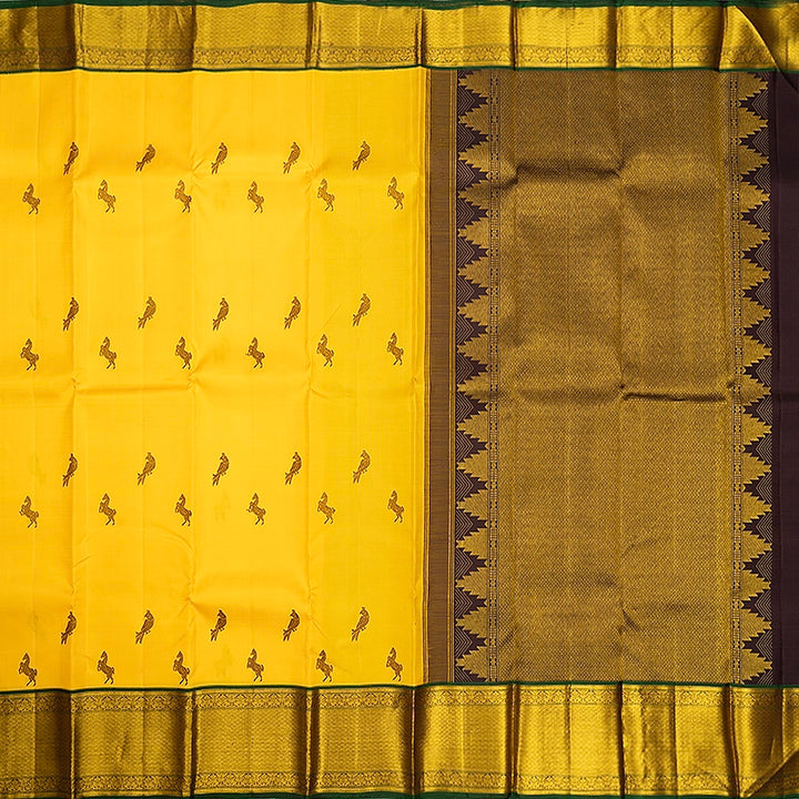 Hayagrivas Handloom Yellow Kanjivaram Silk Saree with Bottle Green Border KBF409F4-1
