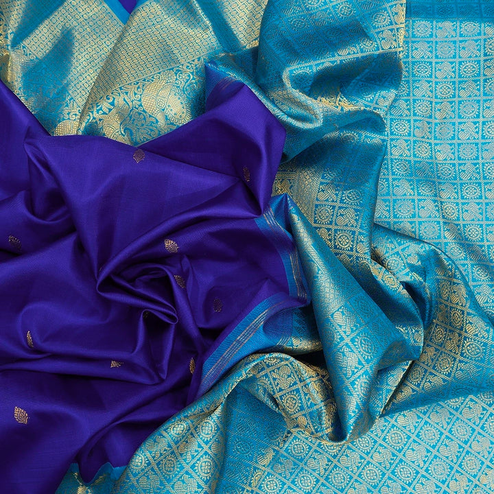 Hayagrivas Handloom MS Blue Kanjivaram Silk Saree with Sky Blue Border KBF378F1-2