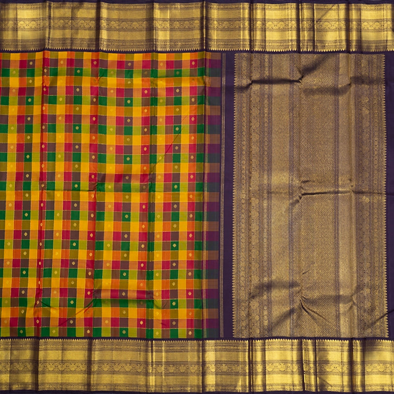 Hayagrivas Handloom Multicolour Checks Kanjivaram Silk Saree with Nagapazham Border KBF251E2-1