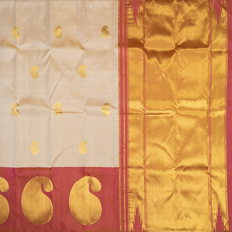 Hayagrivas Handloom Beige Kanjivaram Silk Saree with Onion Pink Border KBF393F1-1