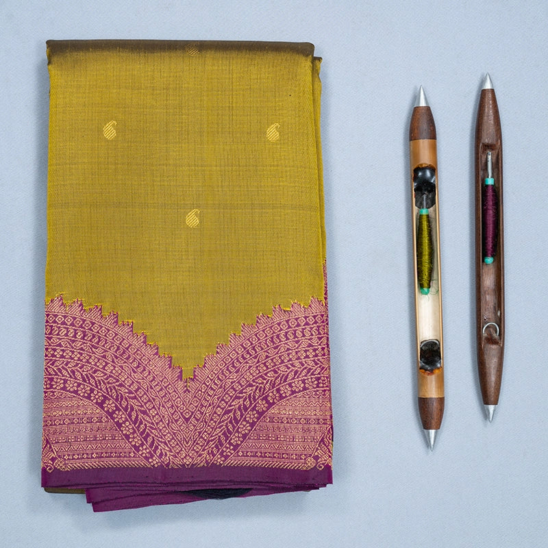 Hayagrivas Handloom Mehandi Green Kanjivaram Silk Saree with Purple Border KBF483F2-1