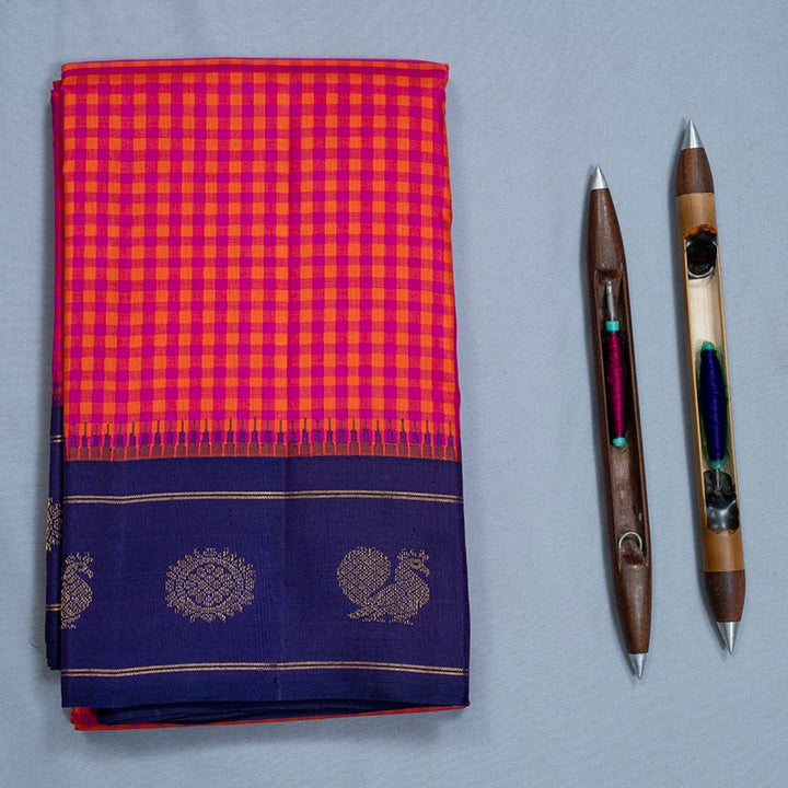 Hayagrivas Handloom Pink &amp; Orange Kanjivaram Silk Saree with Purplish Blue Border KBF572G9-1