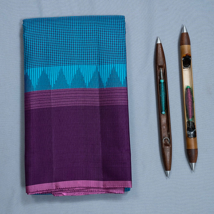 Hayagrivas Handloom Sky Blue &amp; Purple Checks Kanjivaram Silk Saree KBF620G6-3