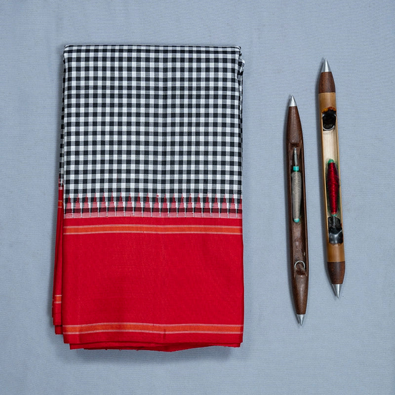 Hayagrivas Handloom Black &amp; White Checks Kanjivaram Silk Saree with Red Border KBF638G4-4