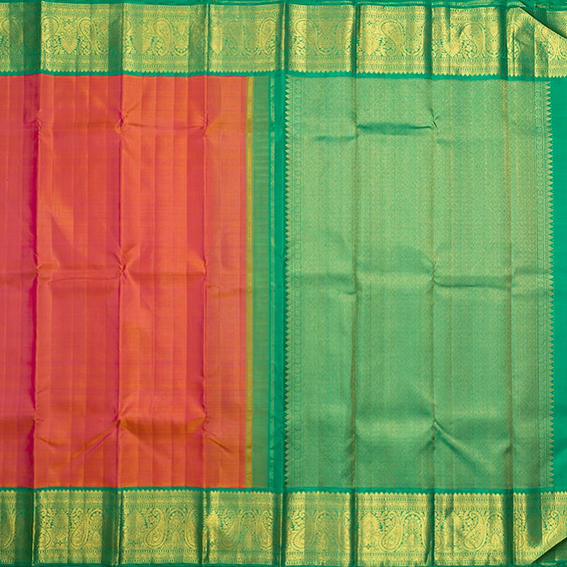 Hayagrivas Handloom Orangish-Pink Kanjivaram Silk Saree with Meenakshi Green Border KBF741H2-1