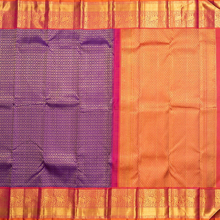 Hayagrivas Handloom Purple Kanjivaram Silk Saree with Orangish-Pink Border KBF741H5-1