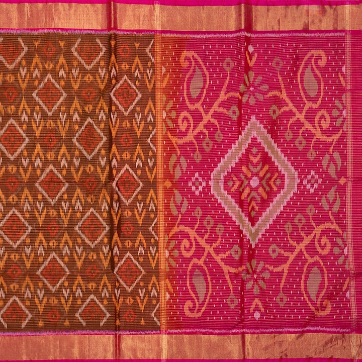 Hayagrivas Rust Orange Ikkat Kora Silk Cotton Saree SSCBF155H3-19