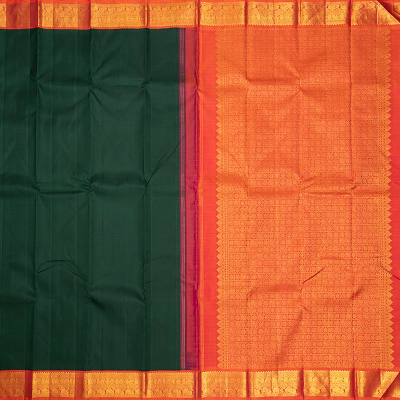 Hayagrivas Handloom Bottle Green Kanjivaram Silk Saree with Orangish-Pink Border KBF307E4-1