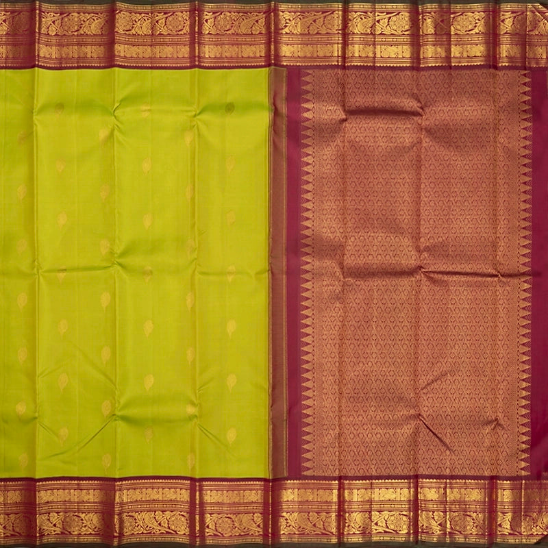 Hayagrivas Handloom Fluorescent Green Kanjivaram Silk Saree with Burgundy Border KBF411F27-1