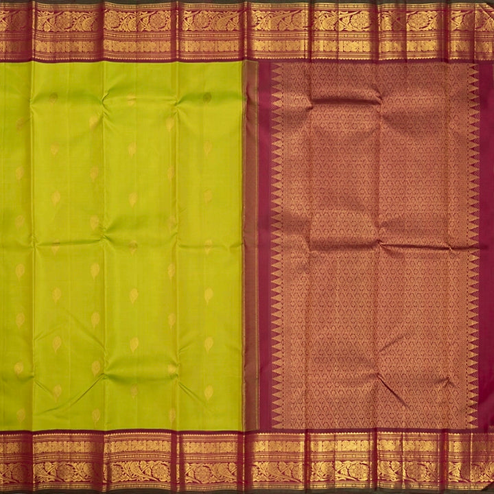 Hayagrivas Handloom Fluorescent Green Kanjivaram Silk Saree with Burgundy Border KBF411F27-1