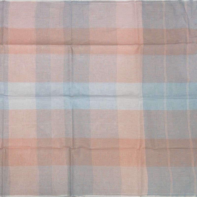 Hayagrivas Peach & Powder Blue Checks Handloom Linen Saree KBE2531C3-1