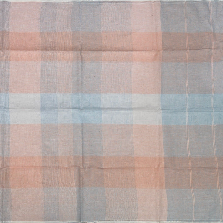 Hayagrivas Peach & Powder Blue Checks Handloom Linen Saree KBE2531C3-1