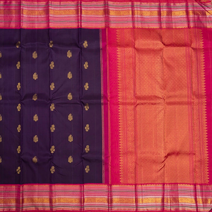 Hayagrivas Handloom Brinjal Purple Kanjivaram Silk Saree with Pink Border KBE1818L6-1