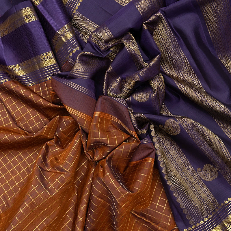 Hayagrivas Handloom Rust Orange Kanjivaram Silk Saree with Purple Border KBF719G7-1