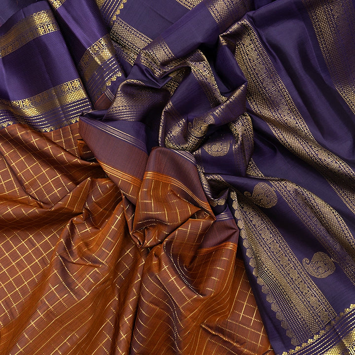 Hayagrivas Handloom Rust Orange Kanjivaram Silk Saree with Purple Border KBF719G7-1