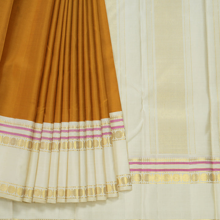 Hayagrivas Handloom Mustard Kanjivaram Silk Saree with Half-White Border KBE2367B6-2