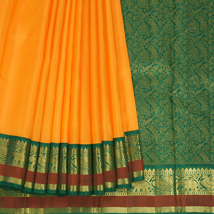 Hayagrivas Handloom Orange Kanjivaram Silk Saree with Dark Green Border KBF129D1-3