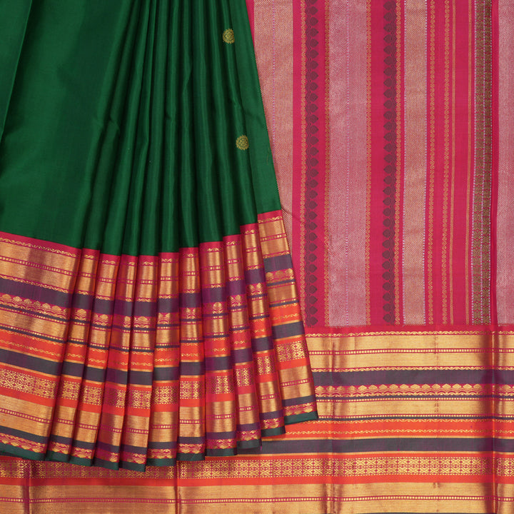 Hayagrivas Handloom Bottle Green Kanjivaram Silk Saree with Orangish-Pink Border KBE2360B6-1