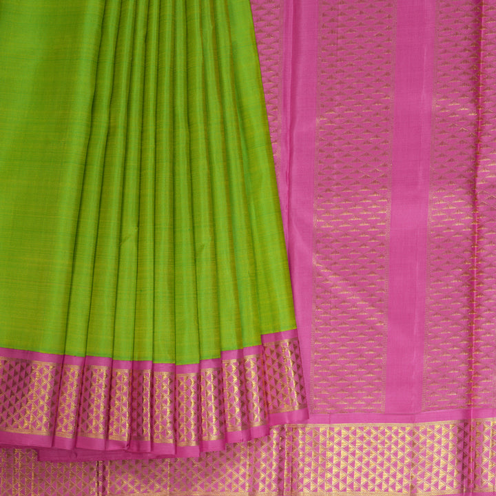 Hayagrivas Handloom Fluorescent Green Kanjivaram Silk Saree with Rose Pink Border KBE2386B1-2