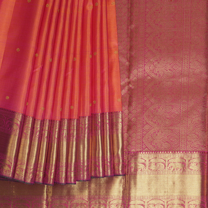 Hayagrivas Handloom Orangish-Pink Kanjivaram Silk Saree with Rani Pink Border KBE2238B2-1