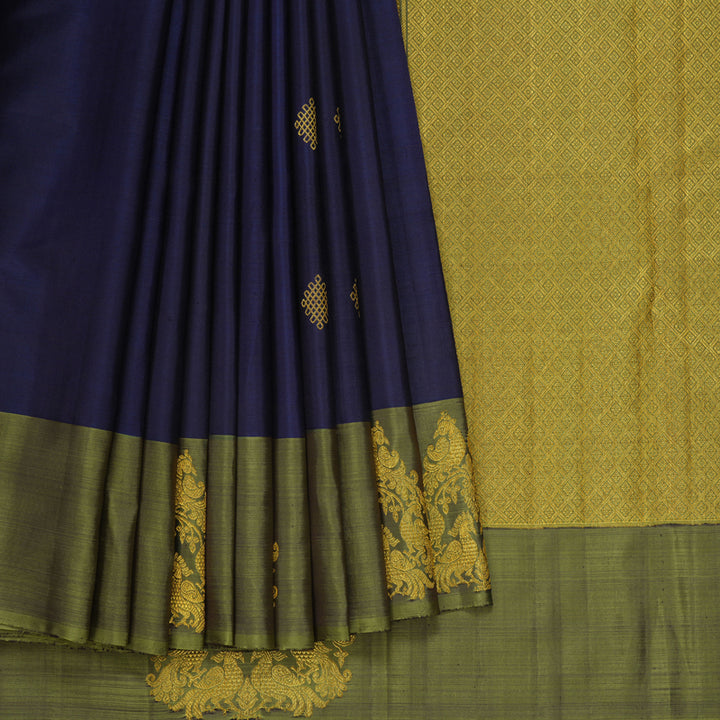 Hayagrivas Handloom Midnight Blue Kanjivaram Silk Saree with Olive Green Border BF102-SBS  KBFL102E1-1