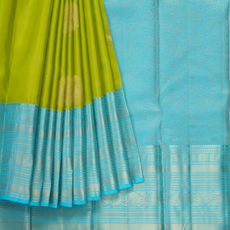 Hayagrivas Handloom Lime Green Kanjivaram Silk Saree with Sky Blue Border KBF50D24-4