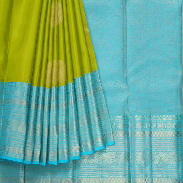 Hayagrivas Handloom Lime Green Kanjivaram Silk Saree with Sky Blue Border KBF50D24-4