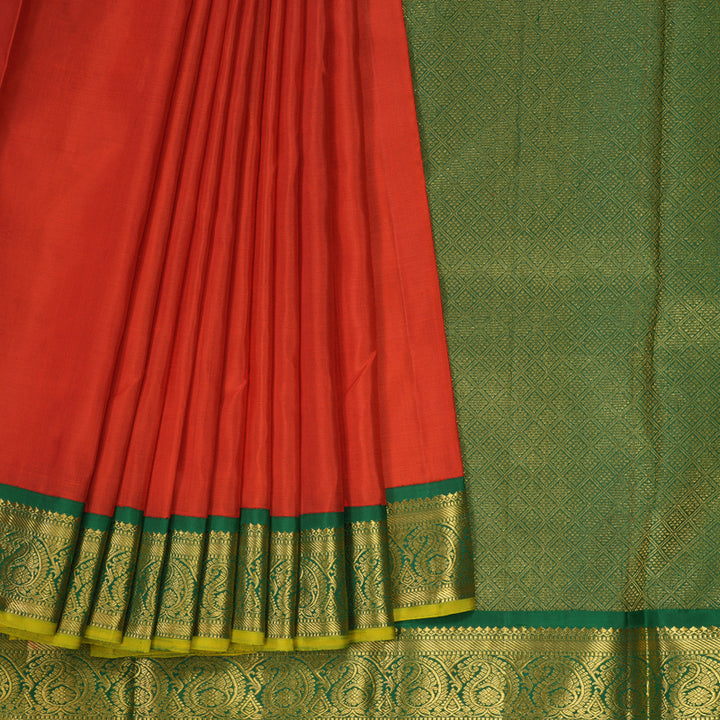 Hayagrivas Handloom Red Kanjivaram Silk Saree with Dark Green Border KBE1338J3-1