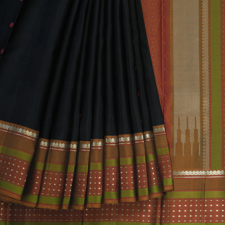 Hayagrivas Handloom Black Kanjivaram Silk Saree with Honey Mustard Border KBE1526K6-1