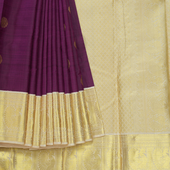 Hayagrivas Handloom Wine Purple Kanjivaram Silk Saree with Half White Border KBE978I2-1
