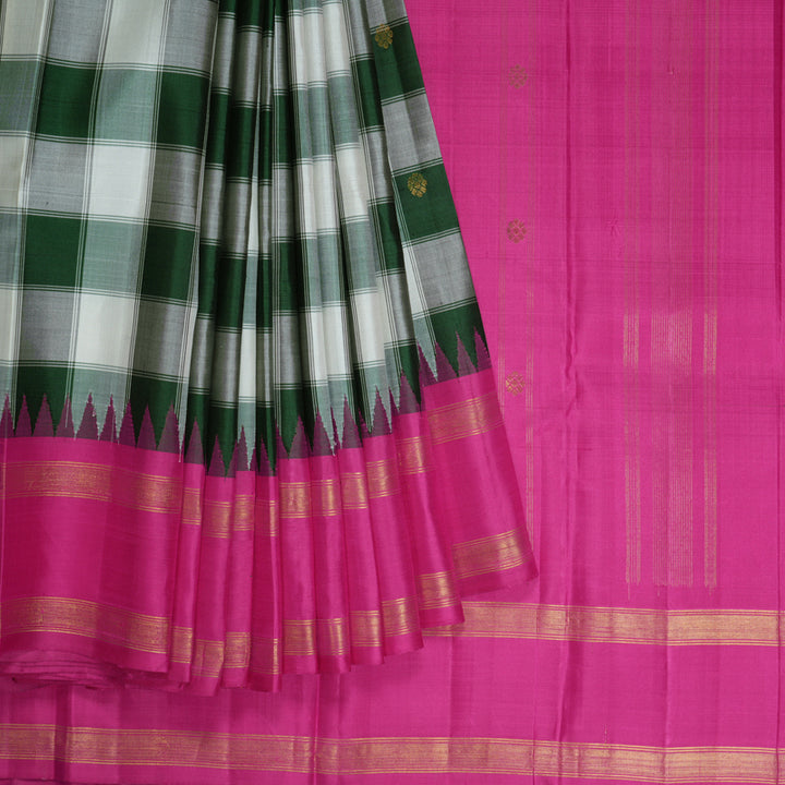 Hayagrivas Handloom White & Bottle Green Checks Kanjivaram Silk Saree with Rani Pink Border KSBE126C9-2
