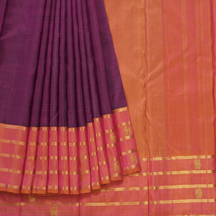 Hayagrivas Handloom Purple Kanjivaram Silk Saree with Orangish-Pink Border SSKBF40D1-2