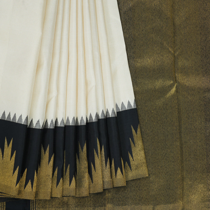 Hayagrivas Handloom Half-White Kanjivaram Silk Saree with Black Border KBE2419C1-1