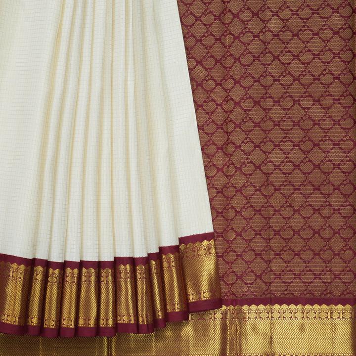 Hayagrivas Handloom Half-White Kanjivaram Silk Saree with Maroon Border KBE856H3-6
