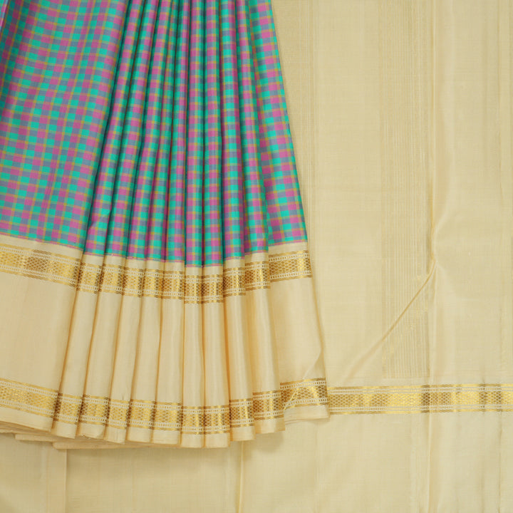 Hayagrivas Handloom Multicolour Checks Kanjivaram Silk Saree with Ivory Border KBF151D14-1