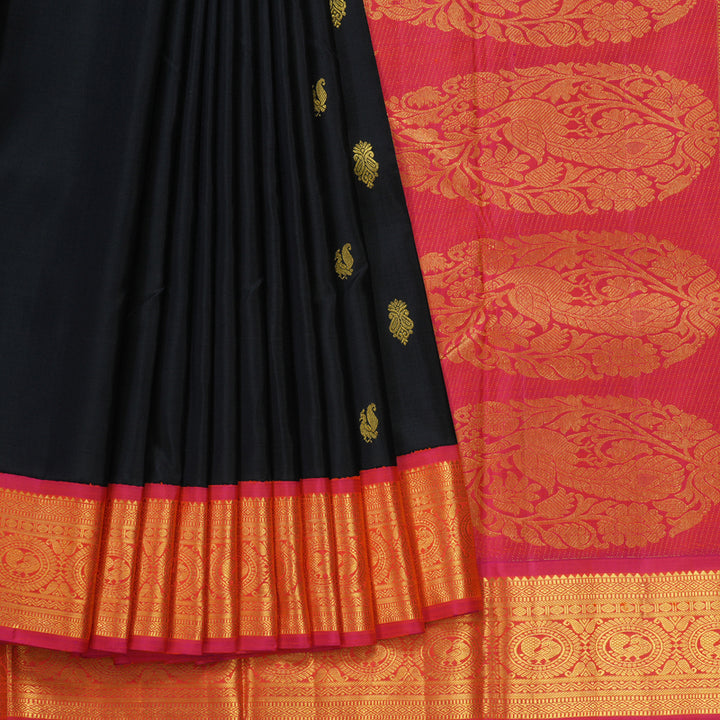 Hayagrivas Handloom Black Kanjivaram Silk Saree with Rani Pink Border KBE988I1-1