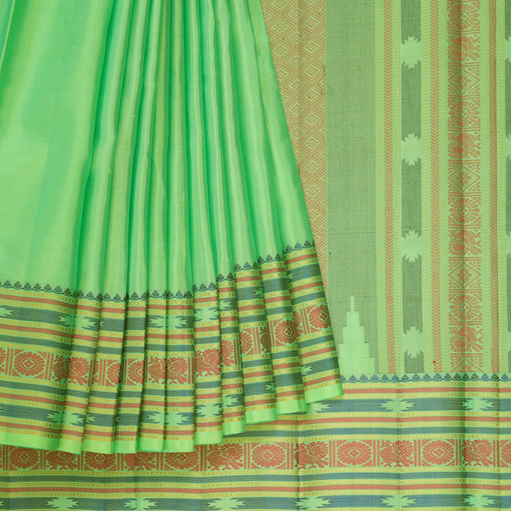 Hayagrivas Handloom Fluorescent Green Kanjivaram Silk Saree with Multicolour Border KBE1121I4-1