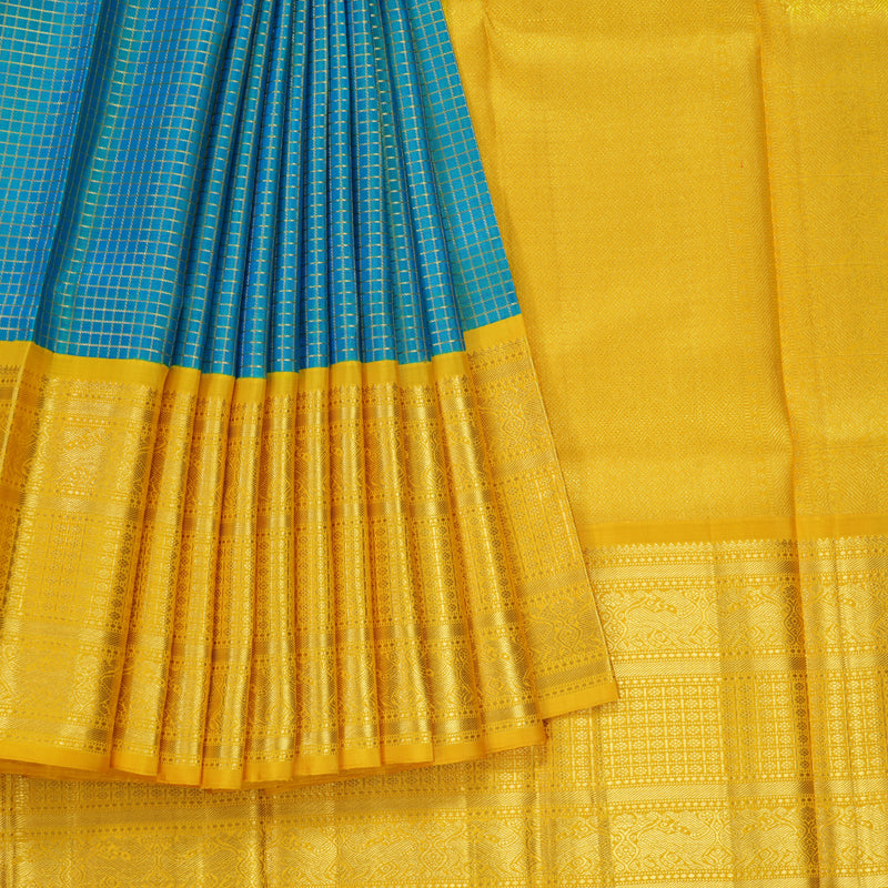Hayagrivas Handloom Blue-Green Kanjivaram Silk Saree with Yellow Border KBE1999L36-1