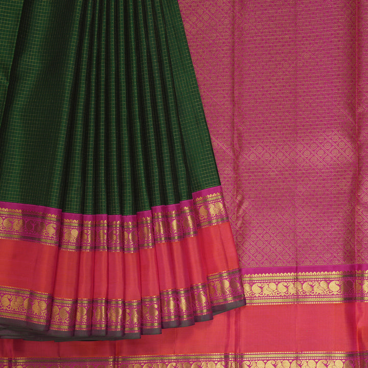 Hayagrivas Handloom Bottle Green Kanjivaram Silk Saree with Orangish-Pink Border KBE2532C8-1