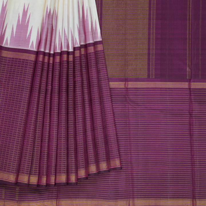 Hayagrivas Handloom Half-White Kanjivaram Silk Saree with Purple Border KBE2080A5-1