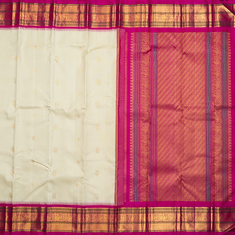 Hayagrivas Handloom Half-White Kanjivaram Silk Saree with Pink Border KBF615G4-1