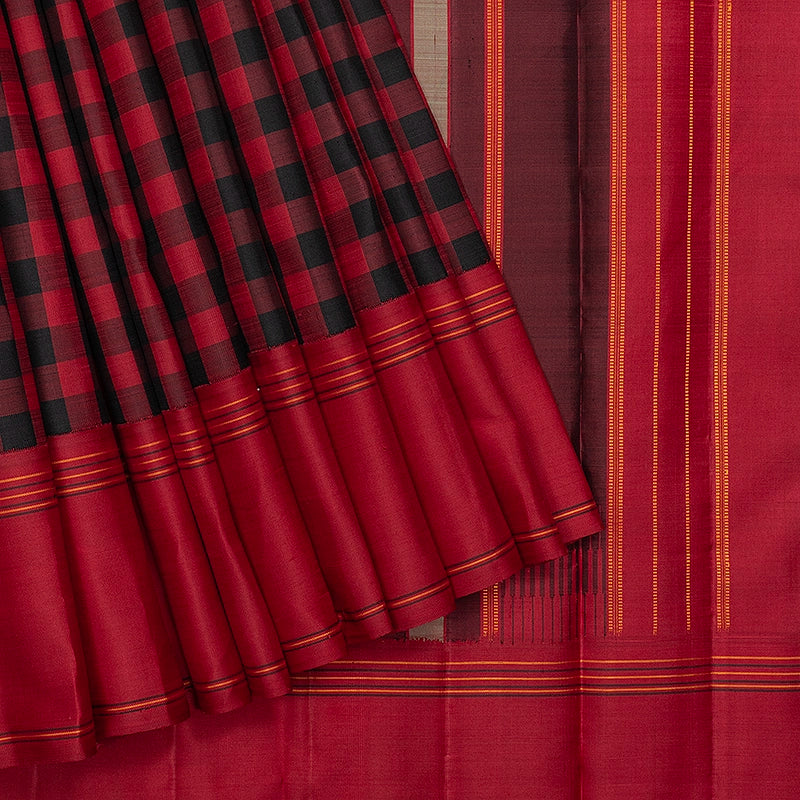 Hayagrivas Handloom Black &amp; Maroon Checks Kanjivaram Silk Saree KBFL384J1-1-BF384-SBS